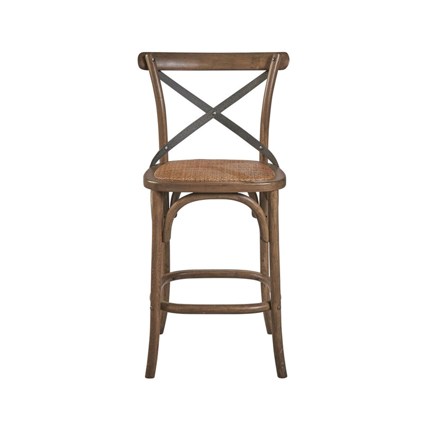 Front view of a coastal teak bar stool with a natural woven seat, rounded top rail, curved legs and contrasting dark metal X-shaped crossback straps.