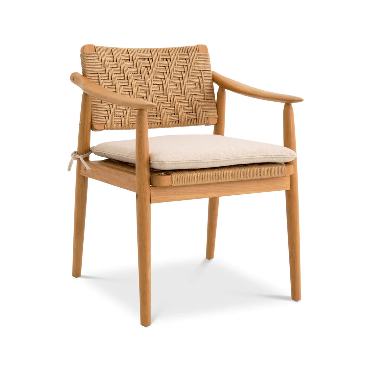 Natural teak dining chair with sculpted wood arms, woven rope back and seat, and a neutral beige cushion tied at the side; coastal mid-century modern outdoor dining chair.
