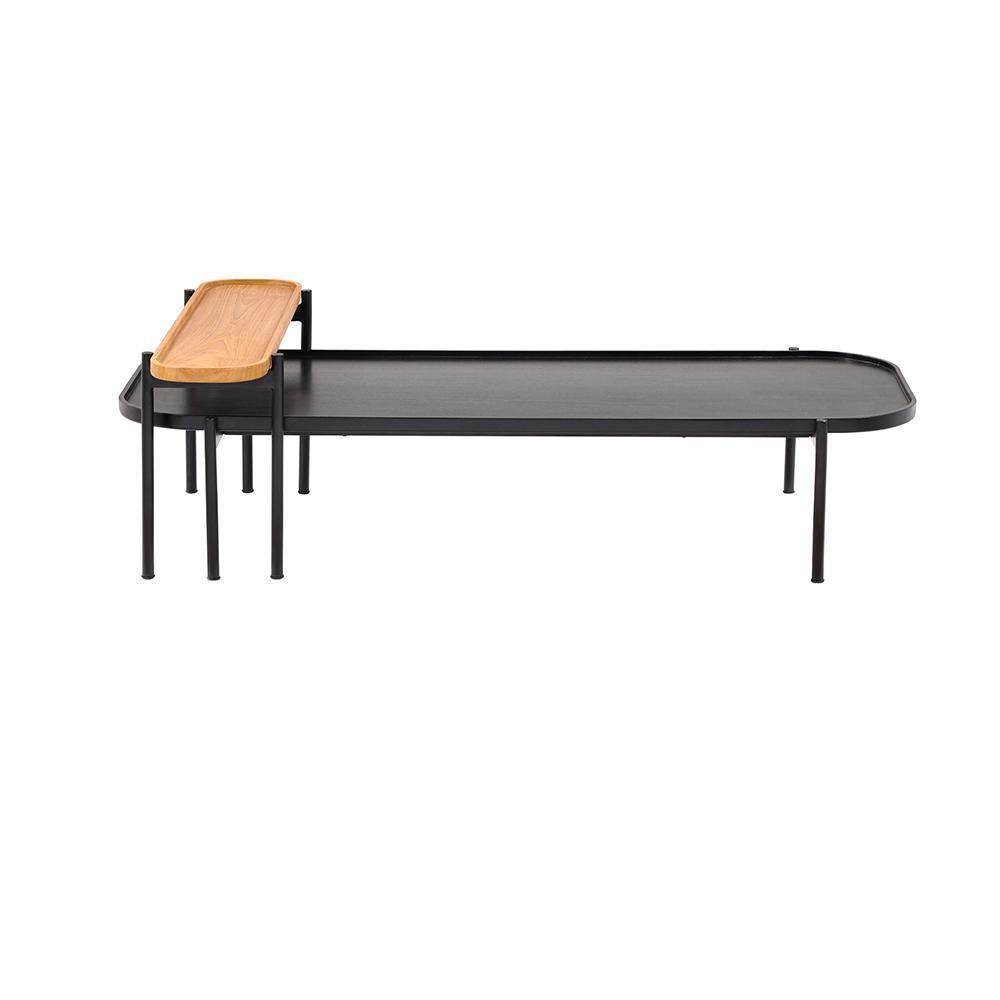 Low-profile modern twin coffee table set with a black metal frame and black mahogany-finish tray top, featuring a removable natural teak serving tray nested at one end.
