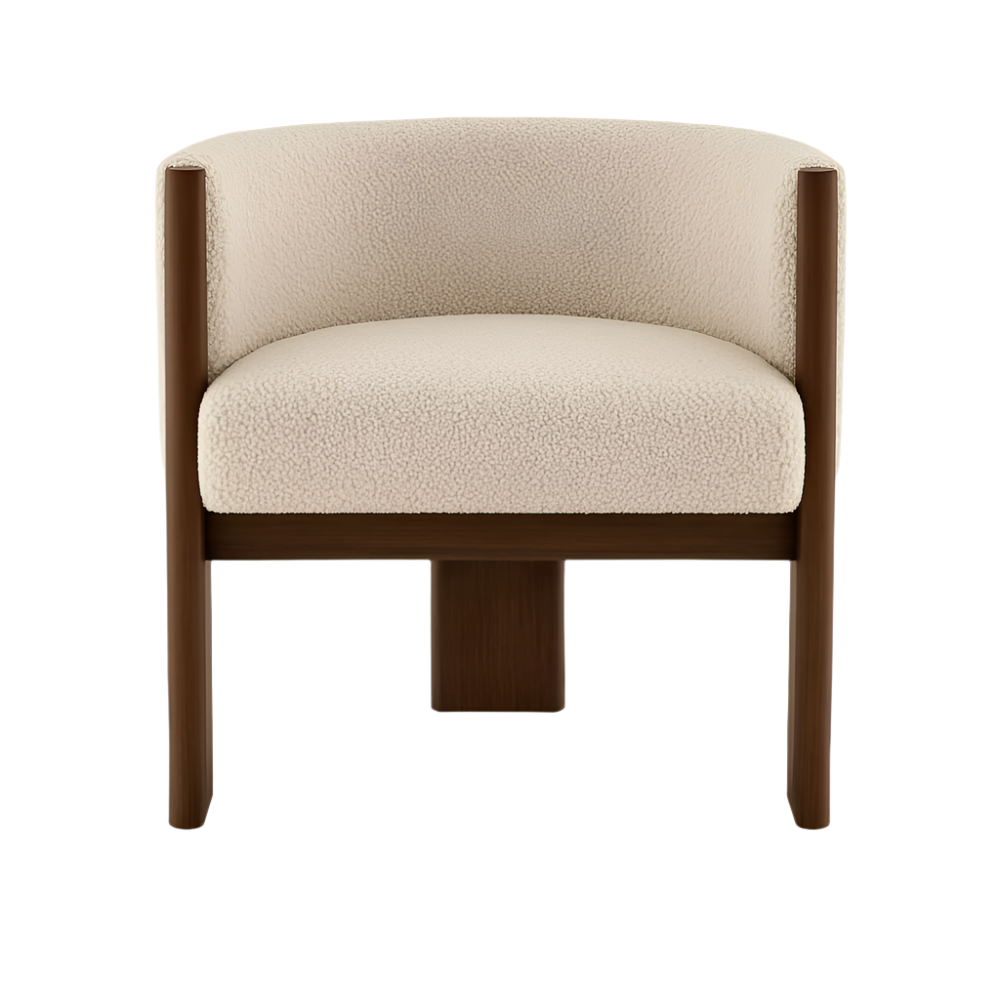 Front view of a modern ivory boucle-upholstered barrel dining chair with a curved low back and walnut wood frame and tapered legs.