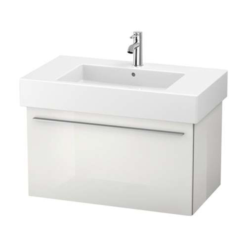 Floating 33.5-inch white bathroom vanity with a thick white stone top and integrated rectangular ceramic sink, glossy solid wood cabinet, long chrome bar handle and single-hole chrome faucet.