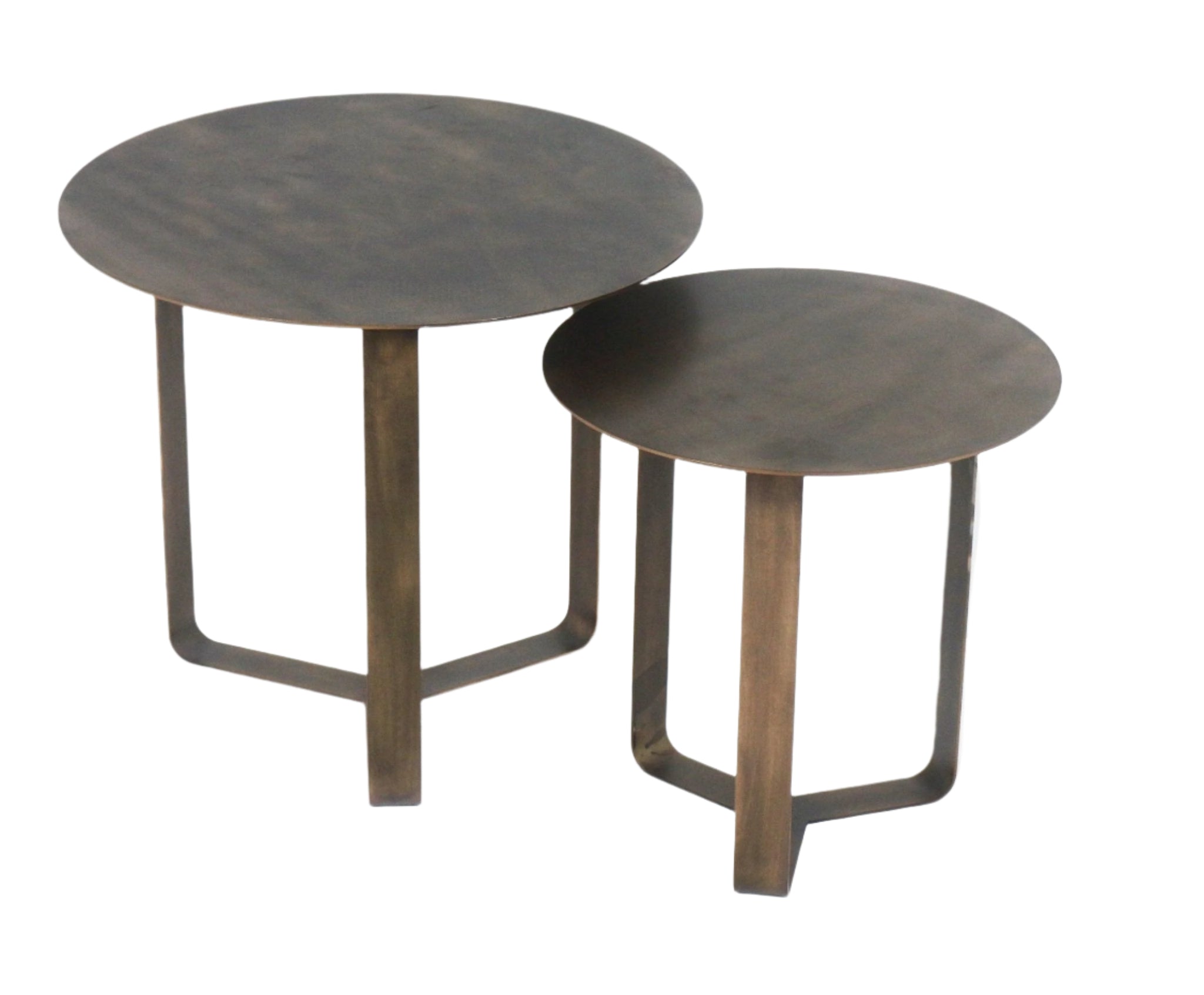 Pair of modern bronze metal side tables with thin round tops and U-shaped legs, a larger and smaller nesting set shown on a white background.