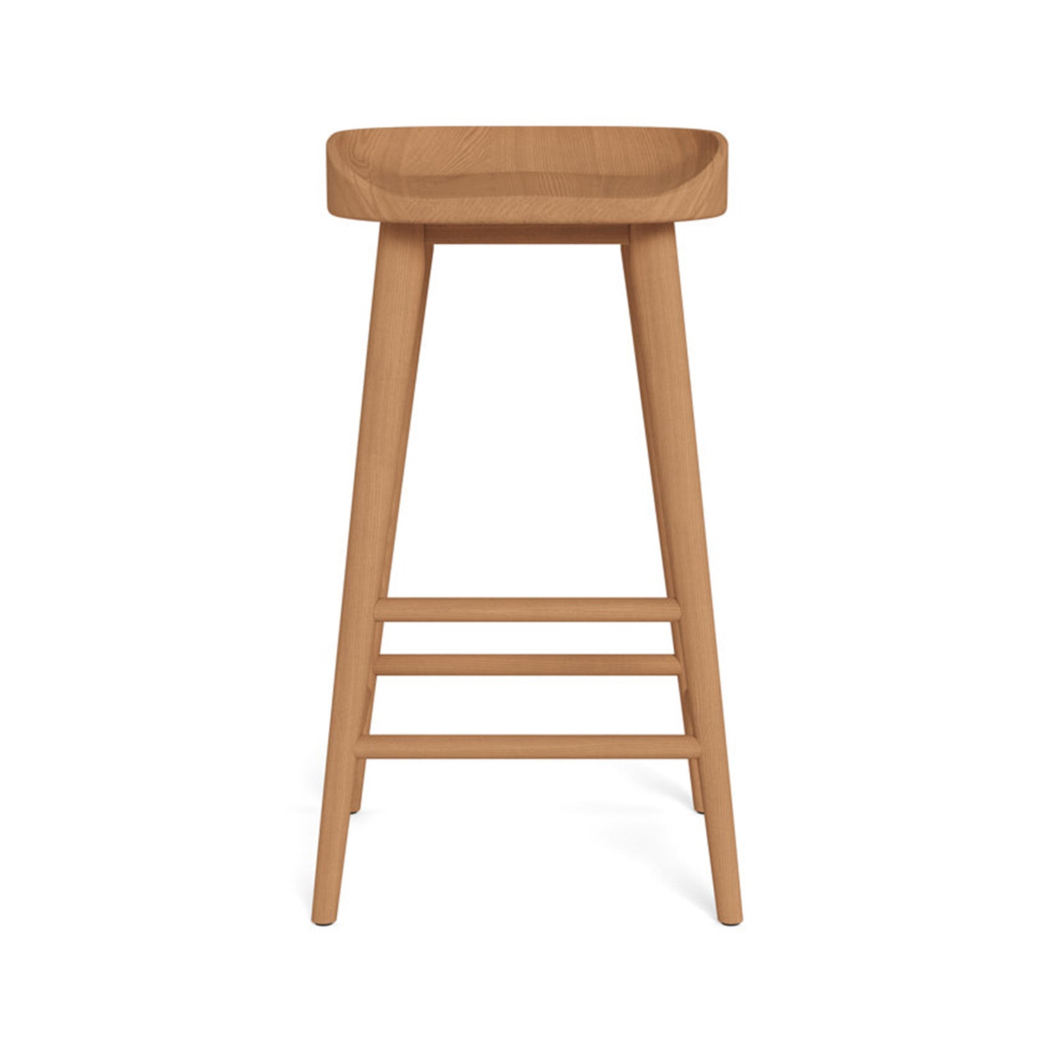 Front view of a backless solid teak outdoor bar stool with a gently contoured natural teak seat, tapered legs and three horizontal stretchers, finished for coastal patio or outdoor bar seating.