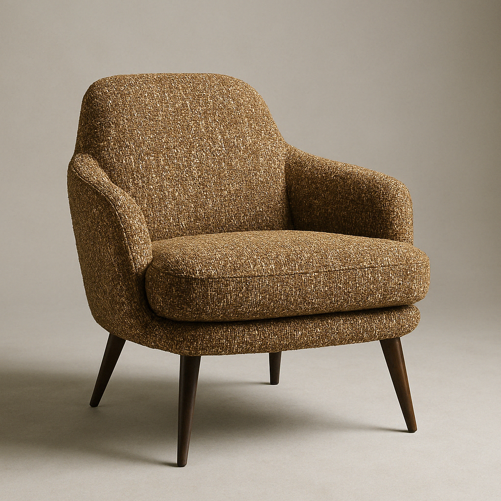 Brown textured fabric accent chair in a mid-century modern silhouette with rounded back and arms, thick cushioned seat, and tapered dark wood legs against a neutral backdrop.