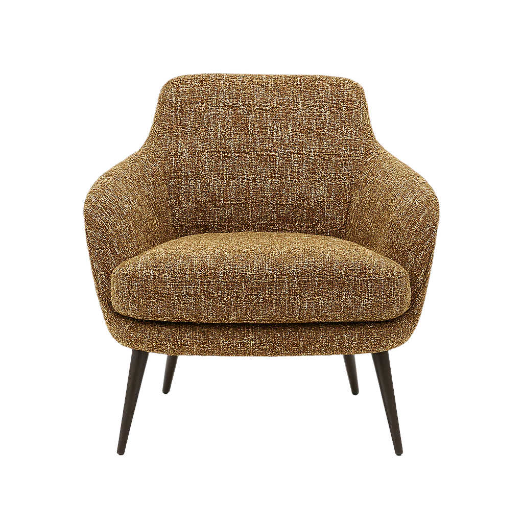 Front view of a modern brown textured fabric accent chair with curved arms, a plush cushioned seat, and angled dark wood legs on a white background.