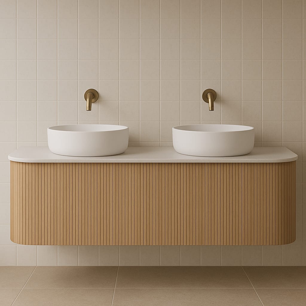Floating fluted teak vanity with two white ceramic vessel sinks on a light stone countertop and brass wall-mounted faucets against a beige tiled wall.