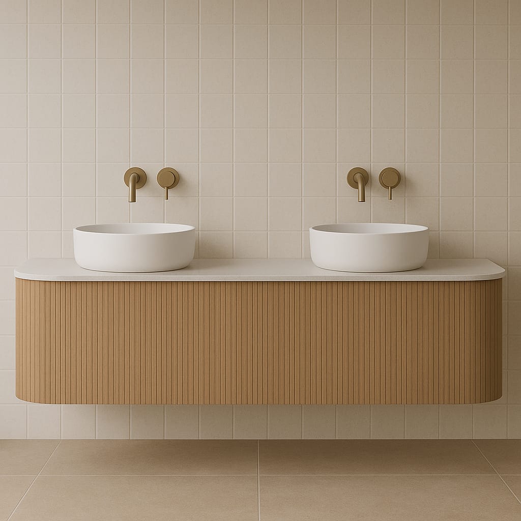Fluted teak floating bathroom vanity with a light stone top, two white ceramic vessel sinks and matte brass wall-mounted faucets set against a beige tiled wall and floor.