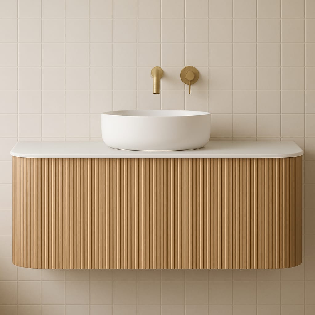 Floating fluted teak bathroom vanity with a white countertop, round white ceramic vessel sink and matte brass wall-mounted faucet against a beige tiled wall.
