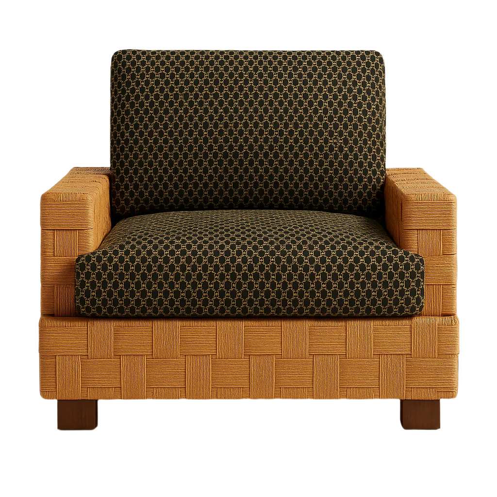 Front view of a modern accent chair with dark green patterned fabric seat and back cushion set in a natural woven wood frame with squared arms and short wooden legs.