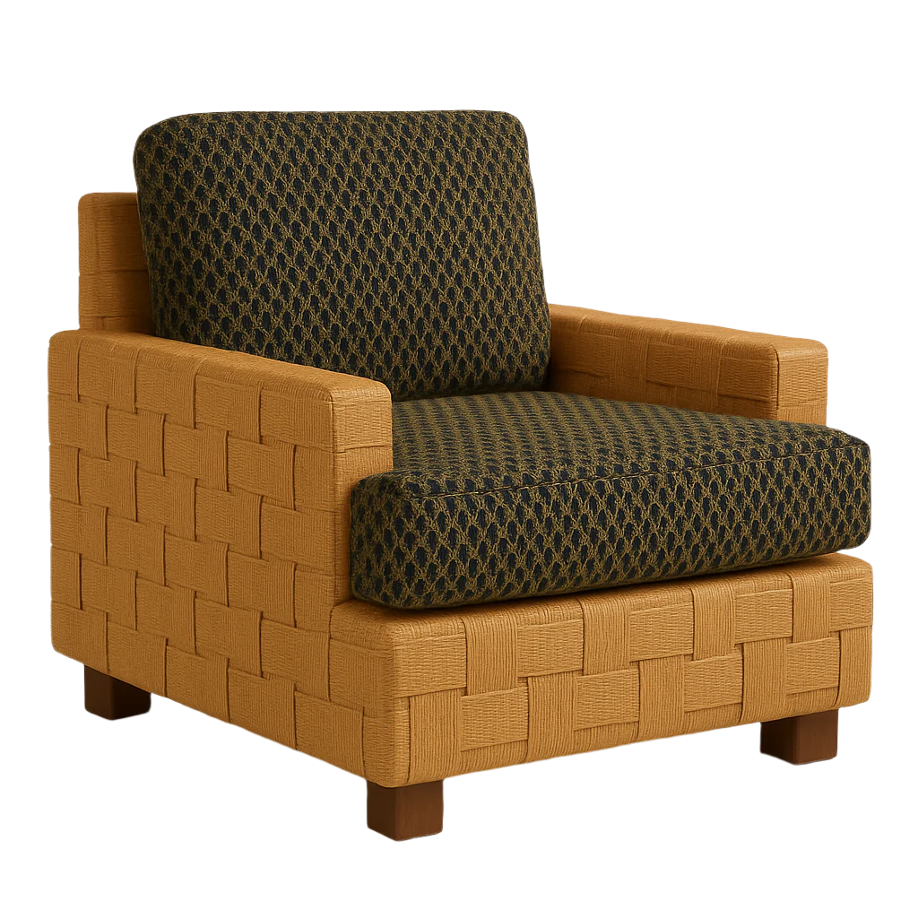 Modern accent chair with a natural woven wood frame and green patterned fabric seat and back cushions, squared arms and low block wood legs for a contemporary living room look.