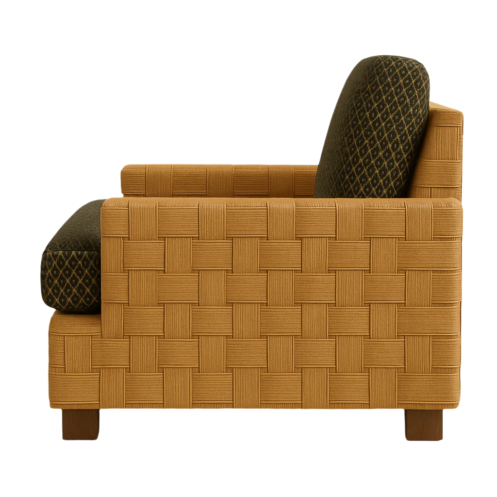 Side view of a modern accent chair with a woven natural wood–textured tan frame, dark green diamond-patterned fabric seat and back cushions, and short natural wood block legs.
