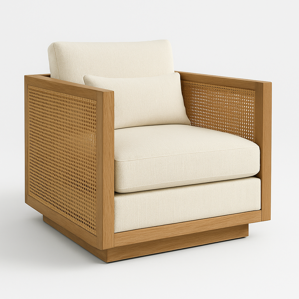 Teak lounge chair with a natural teak frame and handwoven cane side panels, upholstered in cream fabric with thick seat and back cushions and a matching lumbar pillow in a modern coastal silhouette.