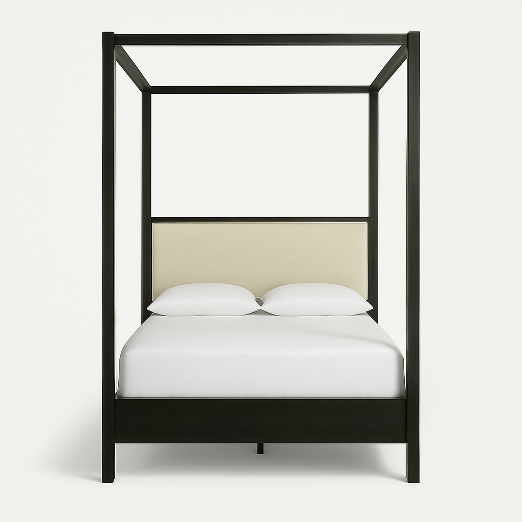 Front view of a modern solid-wood mahogany four-poster platform bed with a beige upholstered headboard and crisp white sheets and pillows on a plain light background.