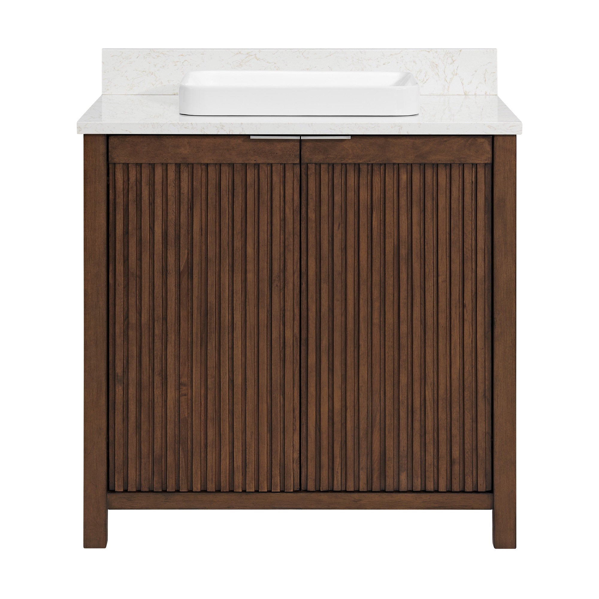 36-inch single-sink bathroom vanity in warm brown solid wood with vertical fluted cabinet doors, a white stone countertop and backsplash, and a rectangular white vessel sink with slim metal hardware.