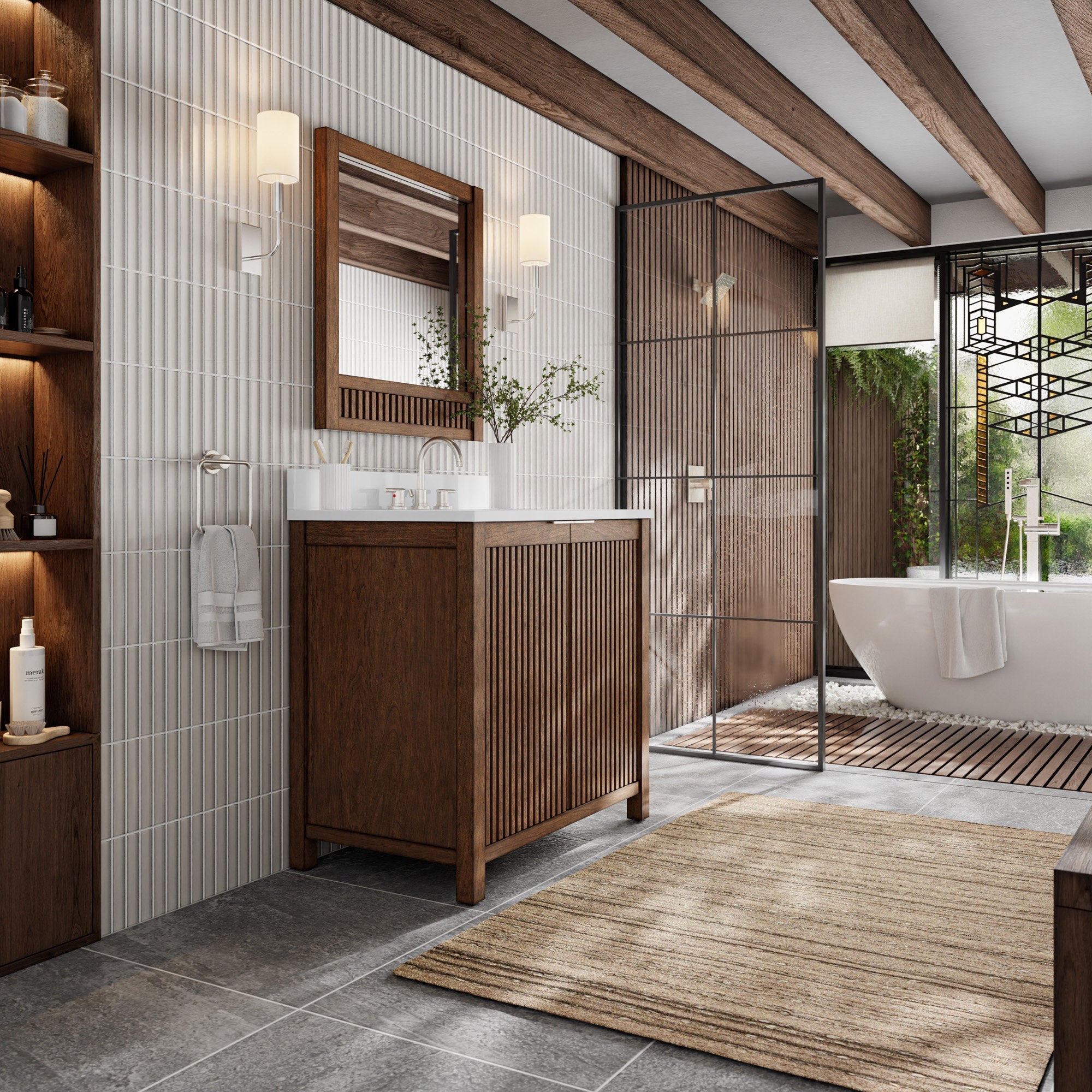 Modern fluted solid wood 36-inch bathroom vanity with stone countertop and integrated single sink, wood-framed mirror and wall sconces, shown beside a glass shower and freestanding tub in a contemporary bath.