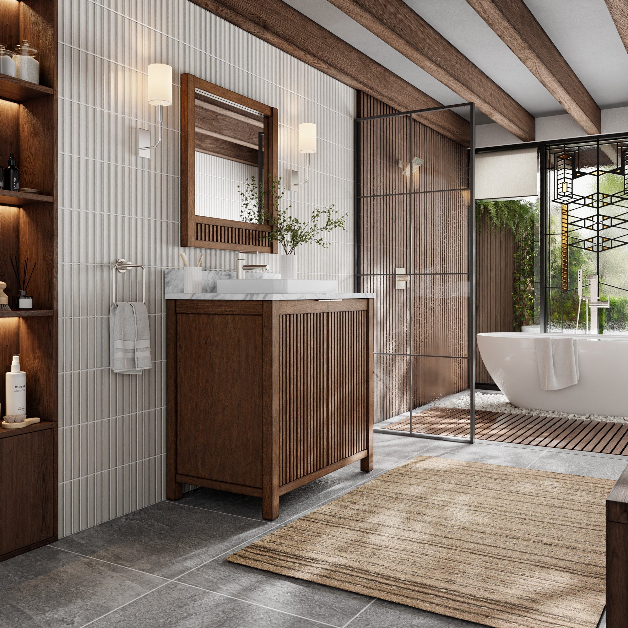 Modern freestanding solid wood bathroom vanity with vertical fluted doors, stone marble top and rectangular white sink, wood-framed mirror and wall sconces beside a glass shower and freestanding tub.