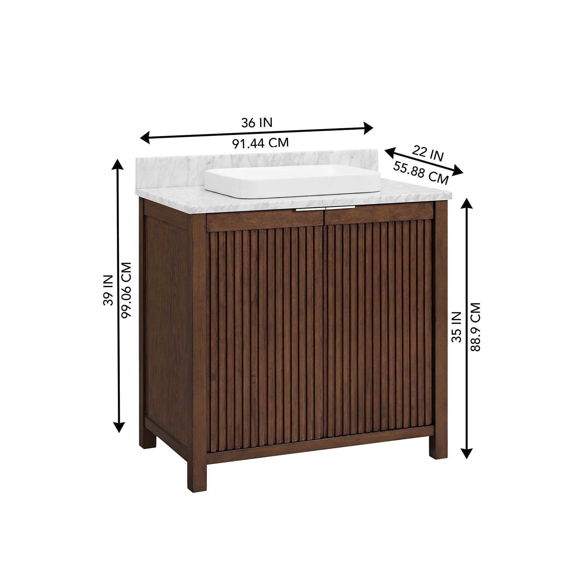 Modern 36-inch freestanding solid wood bathroom vanity in warm brown with vertical fluted doors, a stone top and white rectangular vessel sink, shown with black arrows indicating height, width and depth.