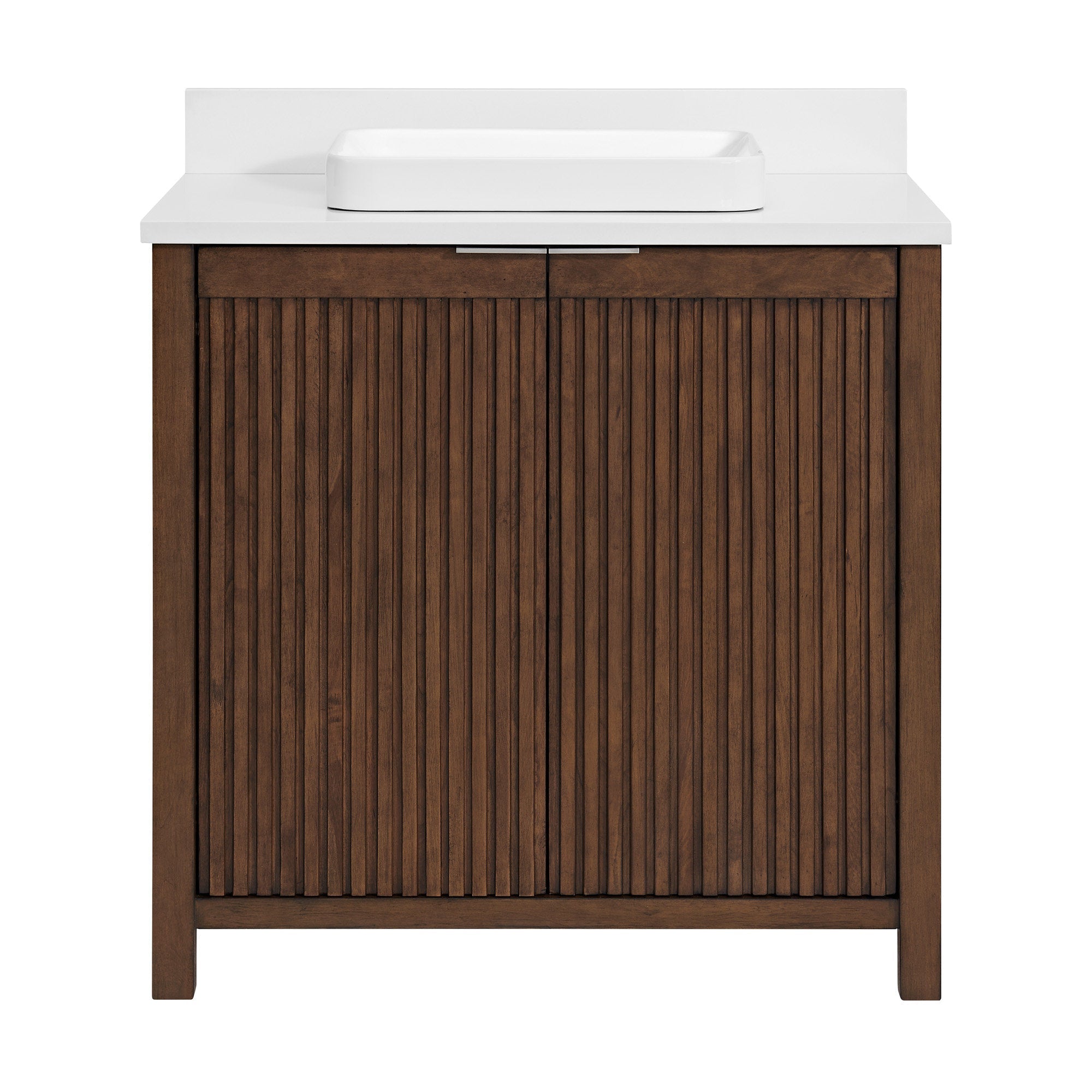 Front view of a modern freestanding solid wood bathroom vanity with vertical fluted brown doors, a stone top with integrated backsplash, and a white rectangular vessel sink with a slim metal handle.