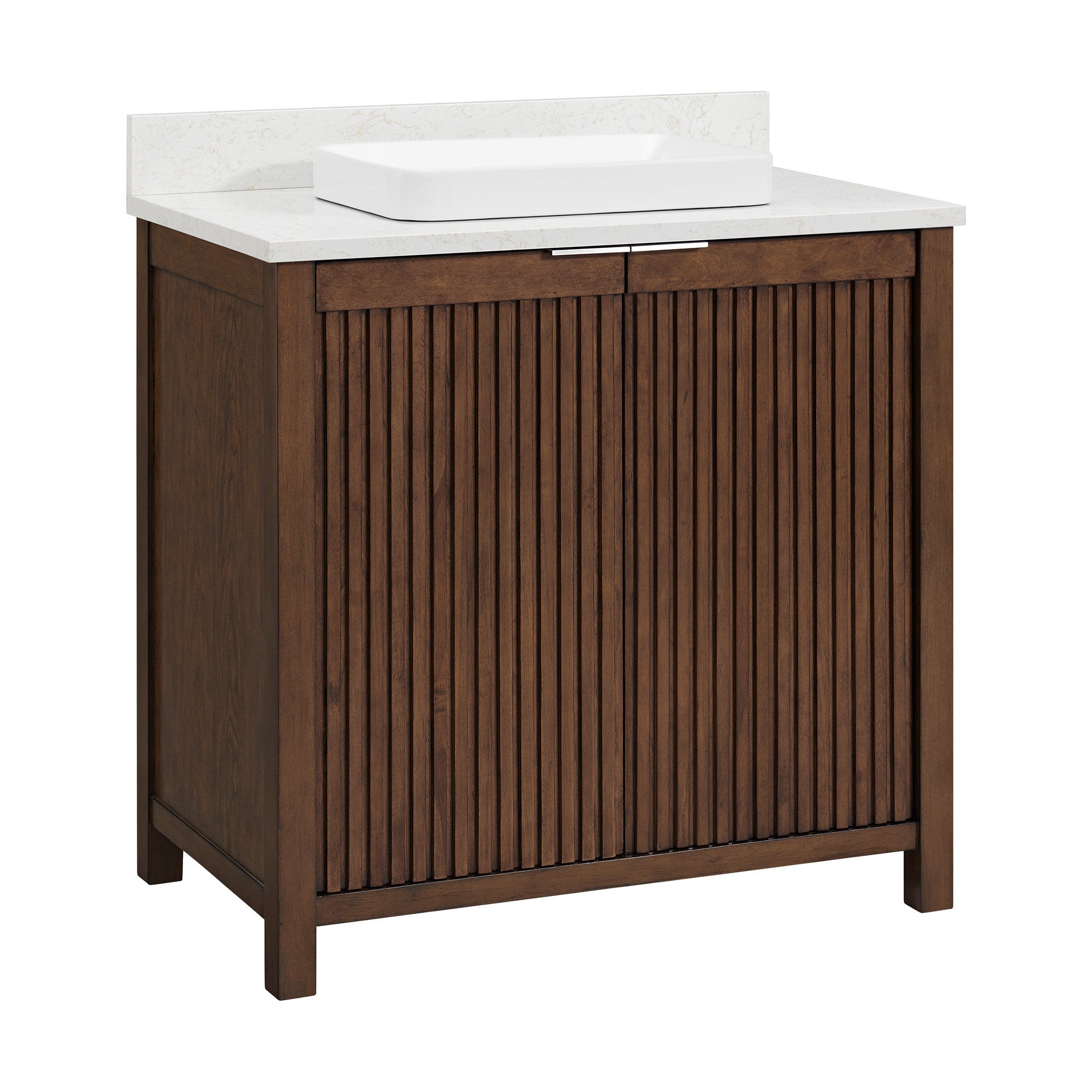 36-inch freestanding single-sink bathroom vanity in warm natural solid wood with vertical fluted cabinet front, white stone countertop with short backsplash, rectangular white ceramic vessel sink and slim metal pull.