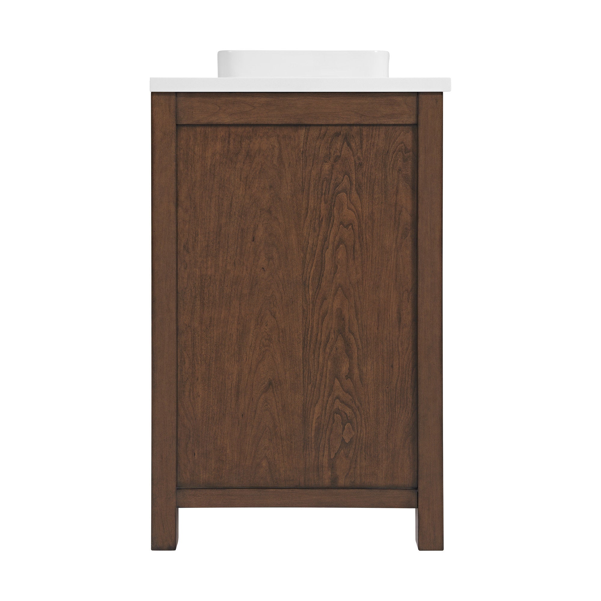 Side view of a modern single-sink bathroom vanity in warm brown solid wood with visible wood grain, white stone countertop and a white ceramic vessel sink, featuring a framed panel front and straight legs.