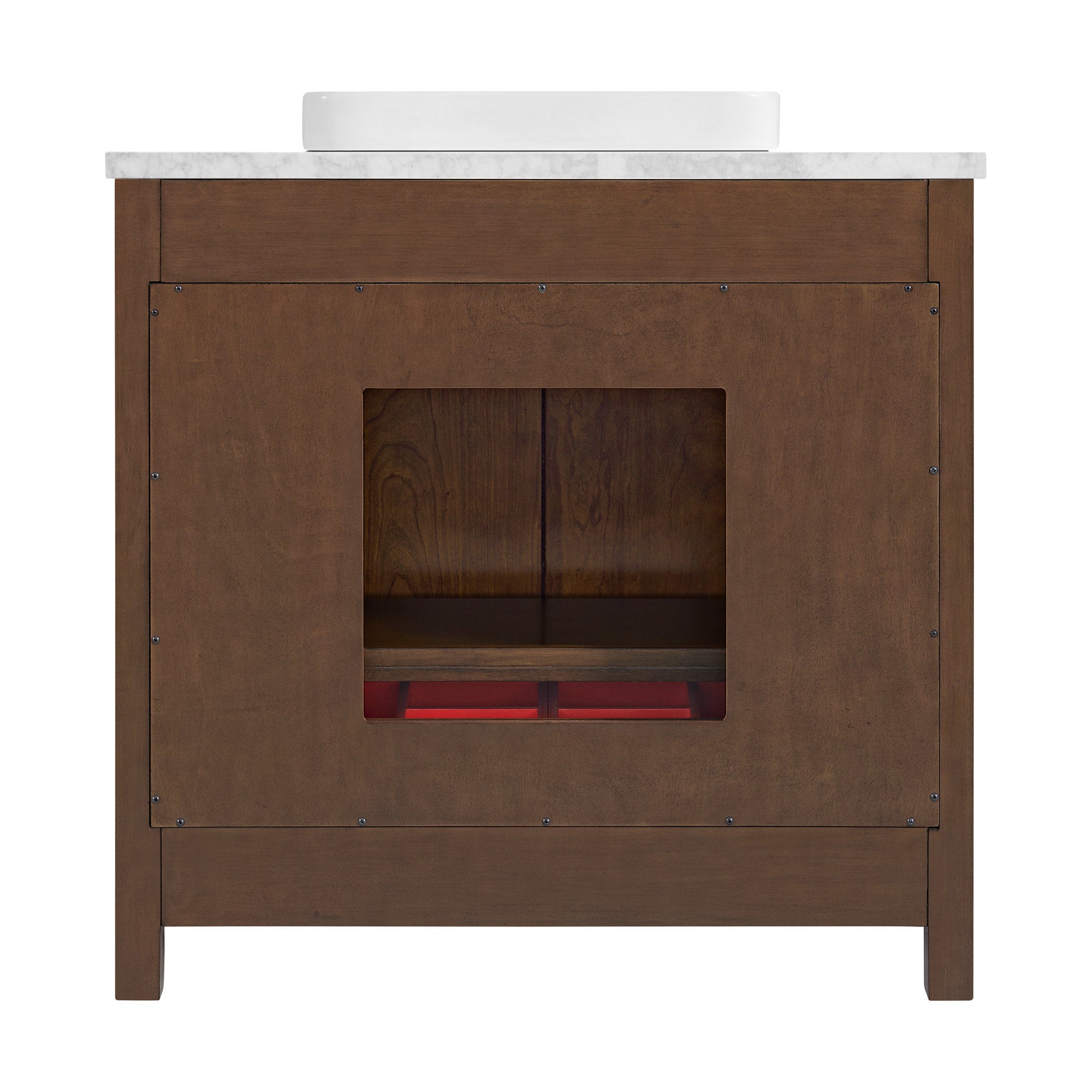 Modern solid wood bathroom vanity in a brown finish with a stone countertop and white vessel sink, recessed front panel secured with visible screws and a central square open cubby with a shelf and red accent at the base.