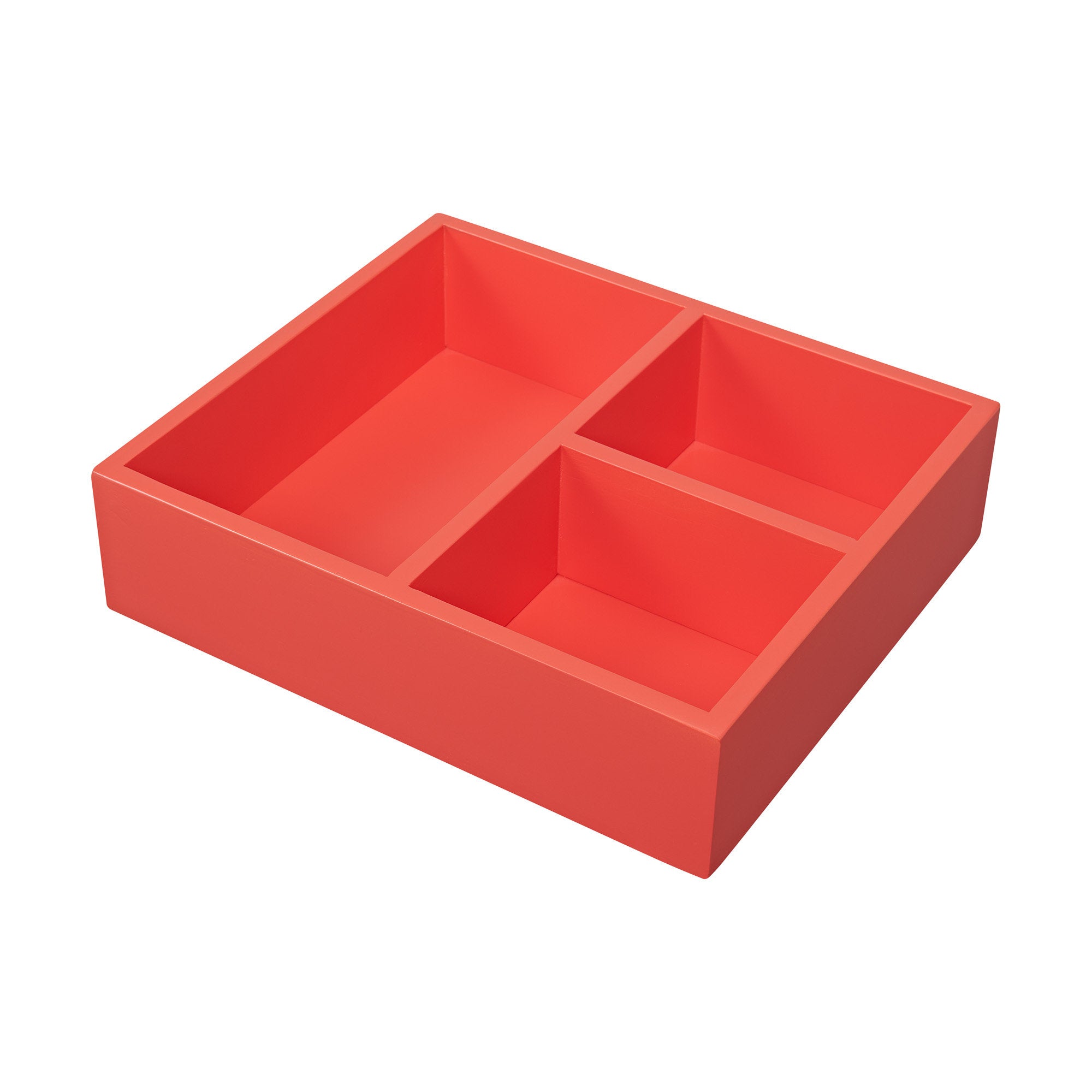 Coral-red solid wood three-compartment organizer tray with one large rectangular section and two smaller square compartments, freestanding on a white background with clean modern lines and a matte finish.