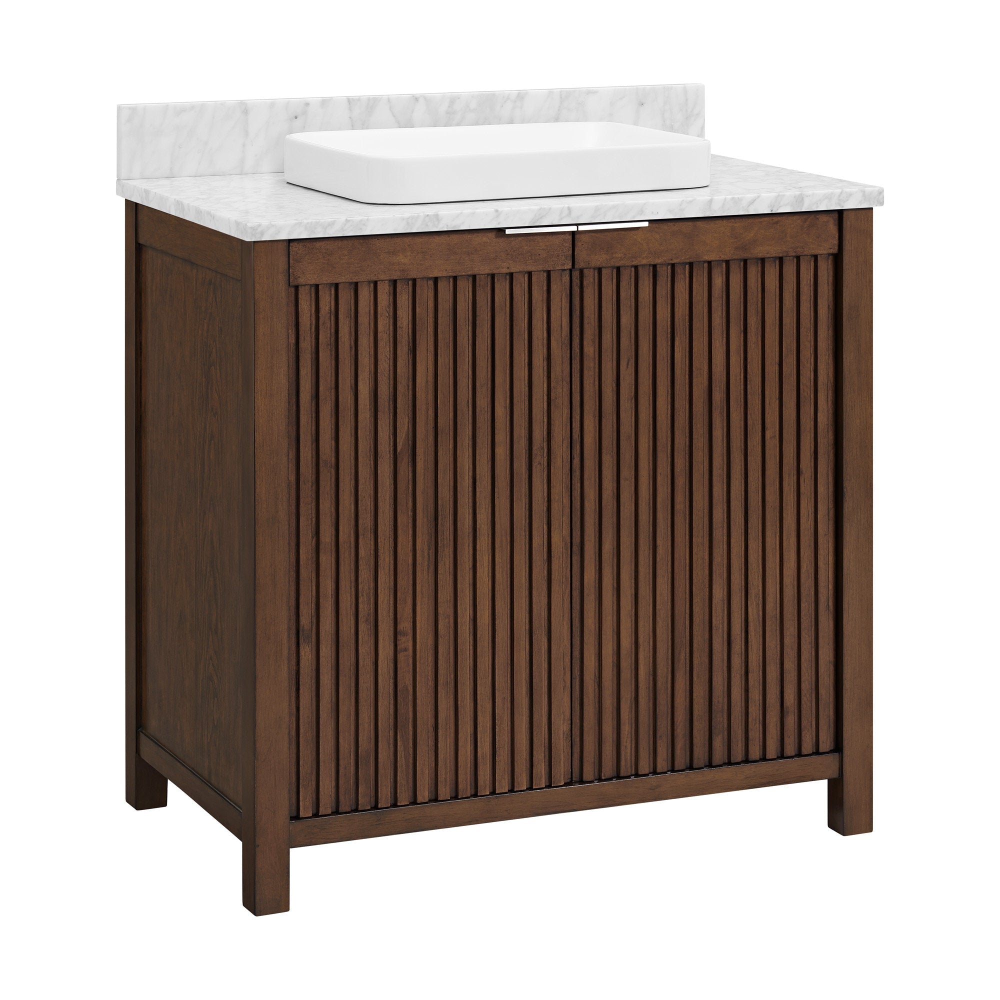 Freestanding 36-inch single-sink bathroom vanity in warm brown solid wood with vertical fluted cabinet front, stone countertop and backsplash, white rectangular vessel sink and slim metal handle.