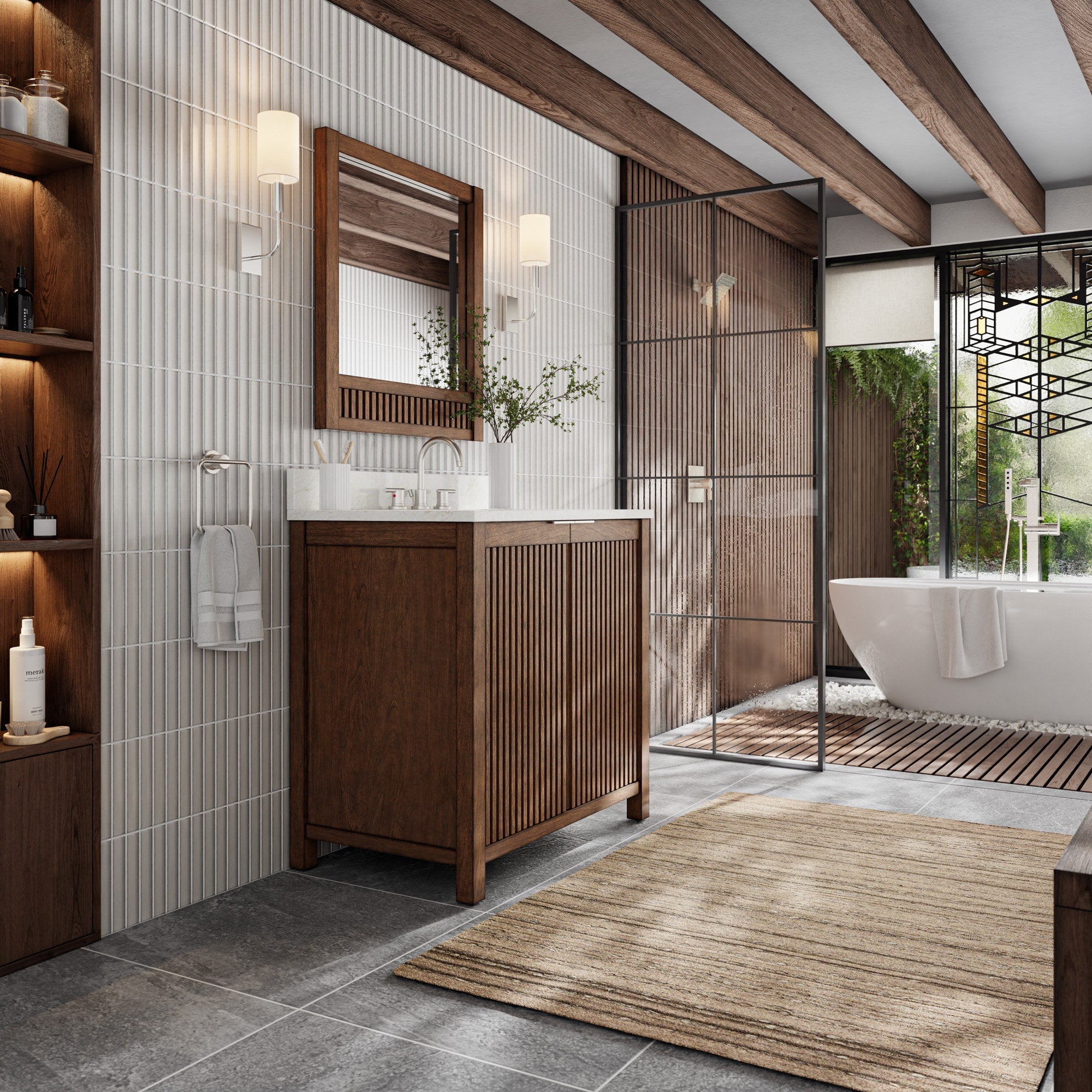 36-inch solid wood fluted single-sink bathroom vanity in a natural wood finish with a stone countertop and chrome faucet, paired with a wood-framed mirror, wall sconces, open shelving, freestanding tub and glass shower partition.