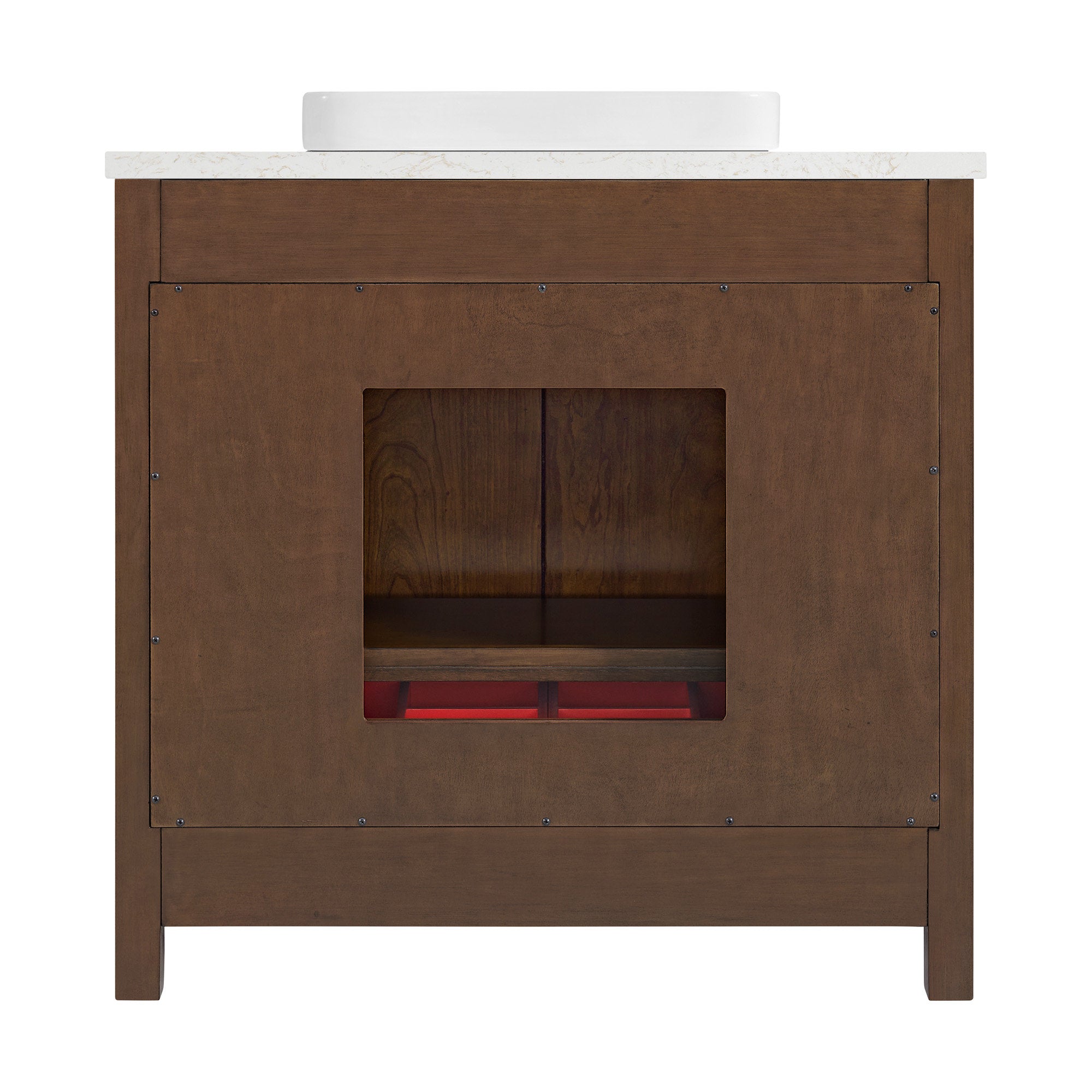 Front view of a modern 36-inch solid wood bathroom vanity in brown with a stone top and white ceramic vessel sink, showing a centered square cutout that reveals an interior shelf and red storage compartments.