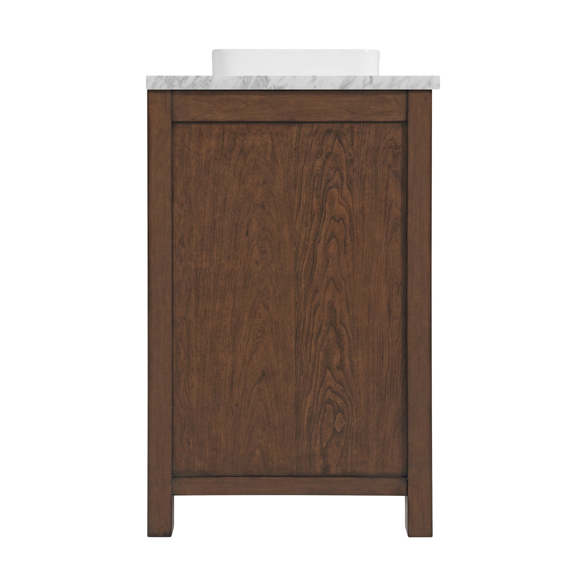Side view of a freestanding solid wood bathroom vanity in warm brown with a calacatta-style stone top and white ceramic vessel sink, showing the paneled side and natural wood grain in a modern design.