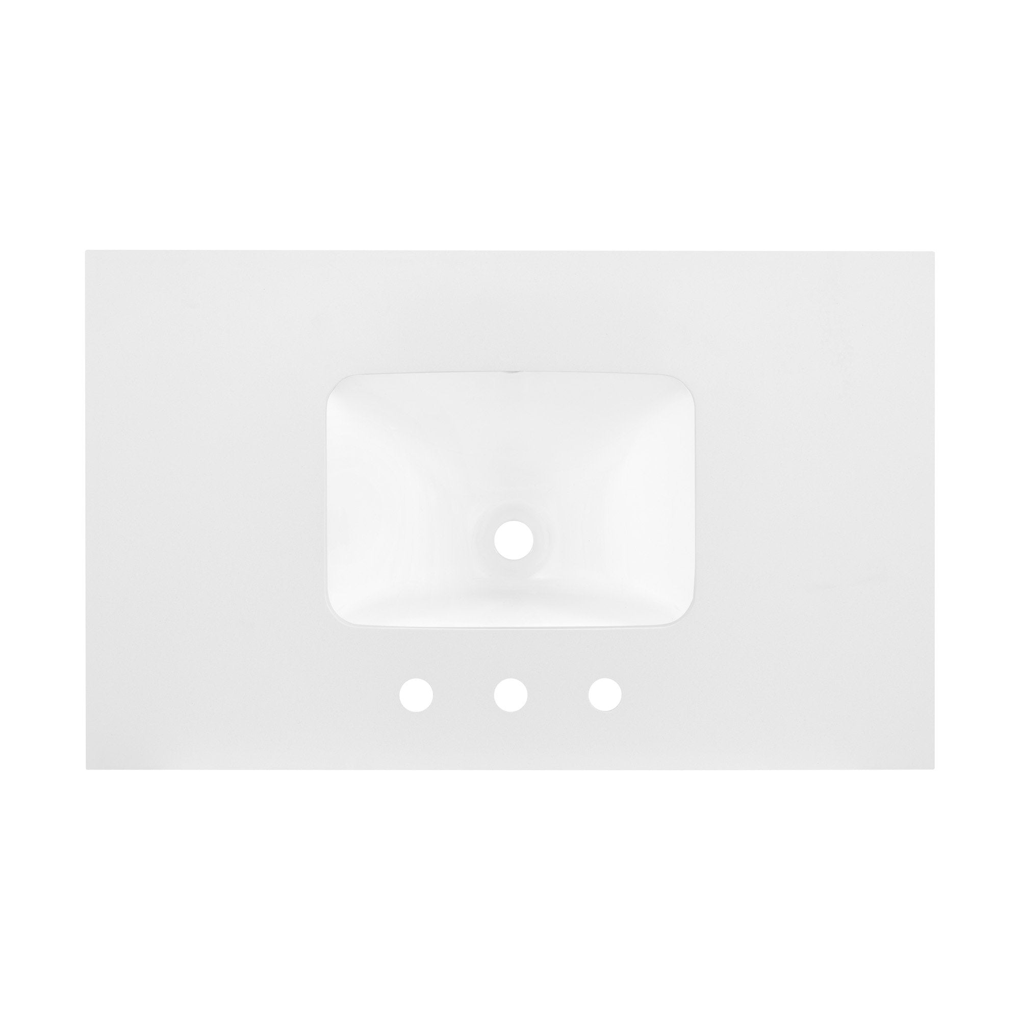 Top-down view of a stone-colored countertop with an integrated rectangular white sink basin and three predrilled faucet holes for a modern single-sink bathroom vanity.