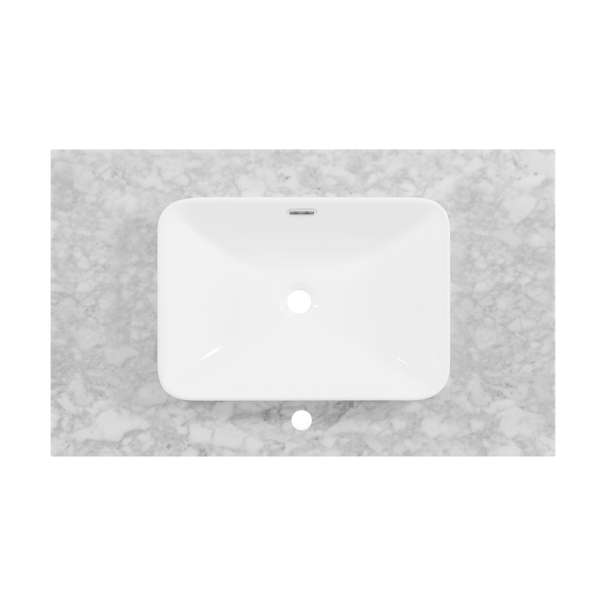 Top-down view of a white rectangular ceramic sink mounted on a light stone marble countertop, showing the centered faucet hole and integrated rear overflow slot.