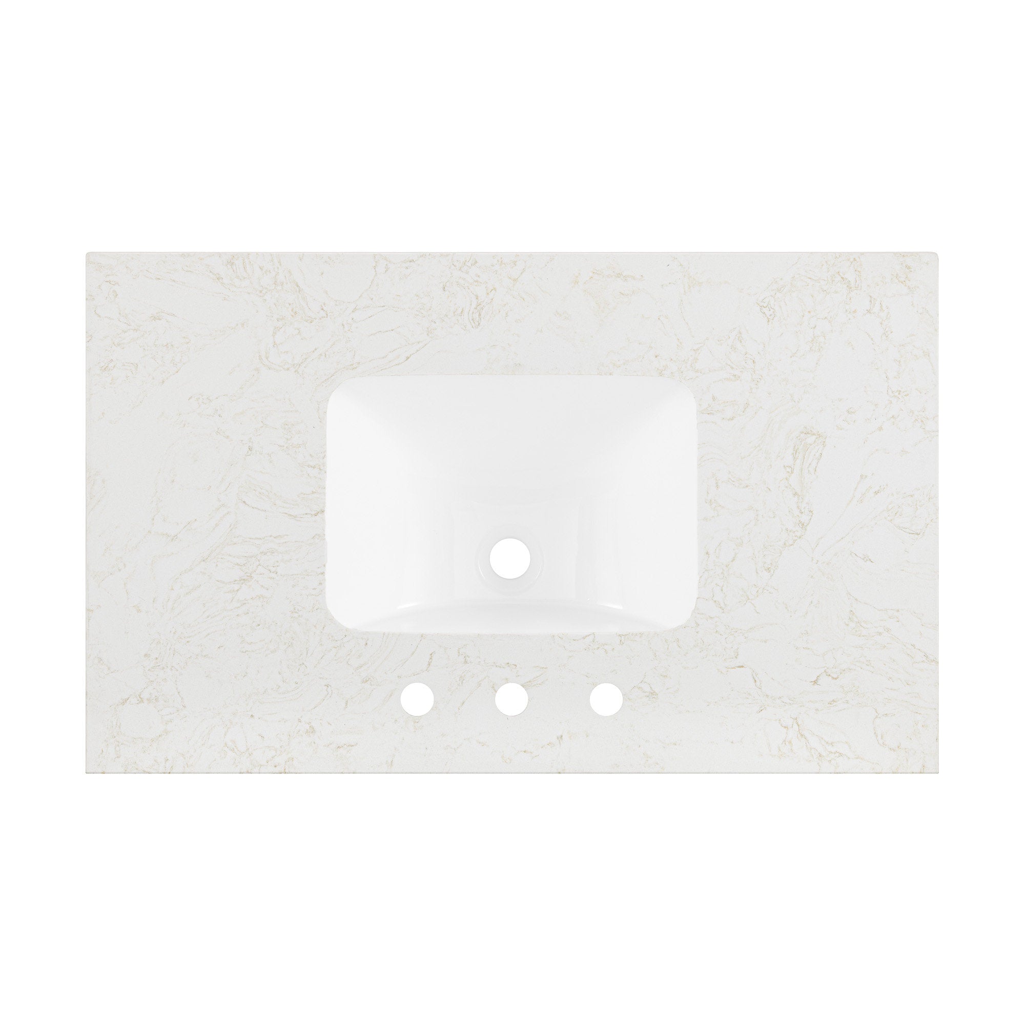 Top-down view of a stone-colored vanity top with an integrated white rectangular sink, three predrilled faucet holes, and subtle beige marble veining across the surface.