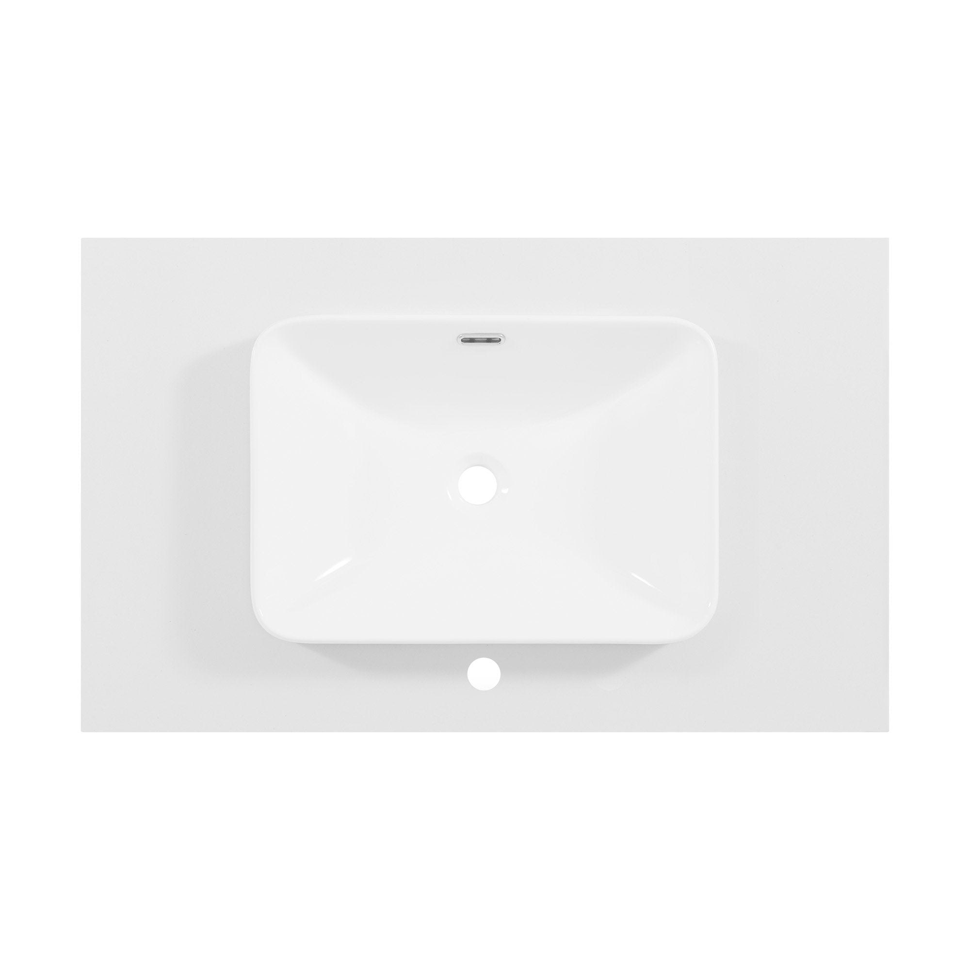 Overhead view of a white rectangular ceramic sink recessed into a stone-colored vanity top, showing the centered drain, overflow slot and single faucet hole for a modern bathroom vanity.