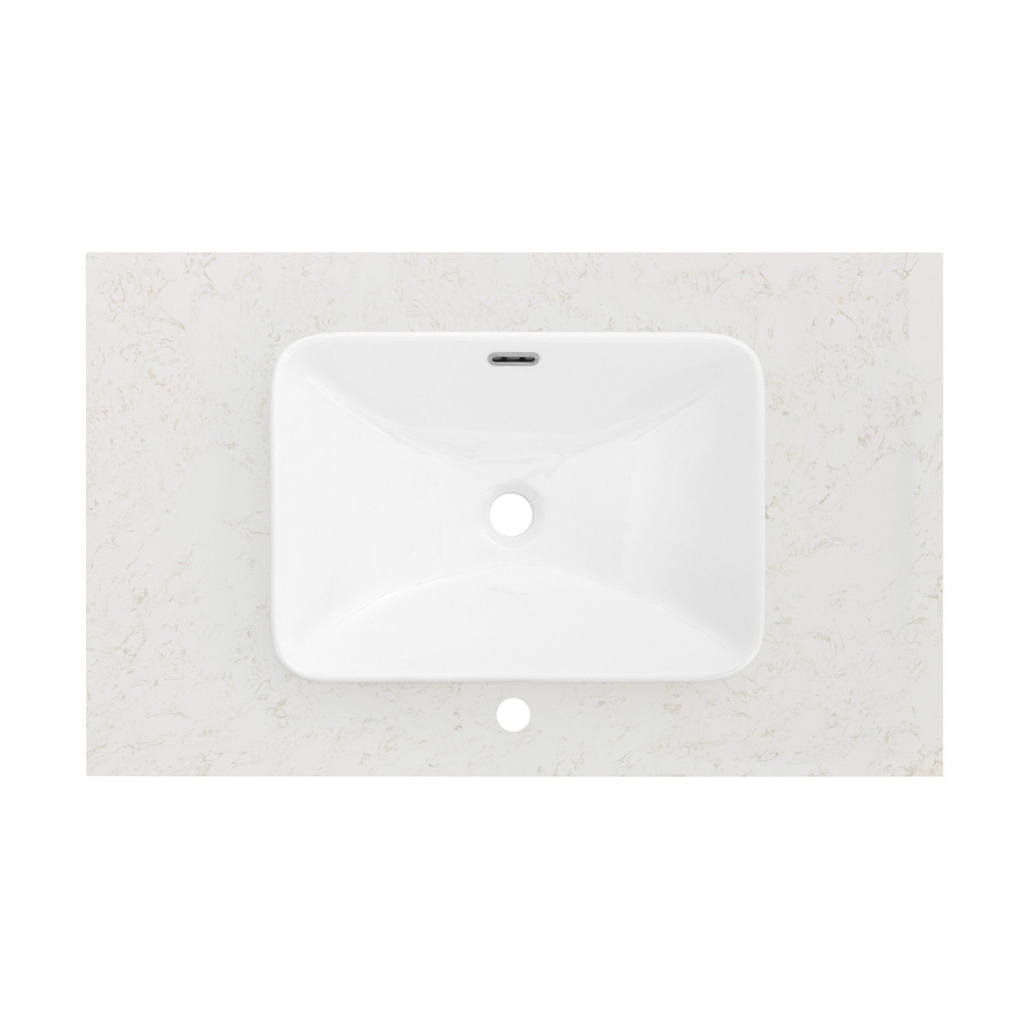 Top-down view of a white rectangular ceramic sink set into a light stone countertop with subtle veining; center drain, overflow slot and single faucet hole visible.