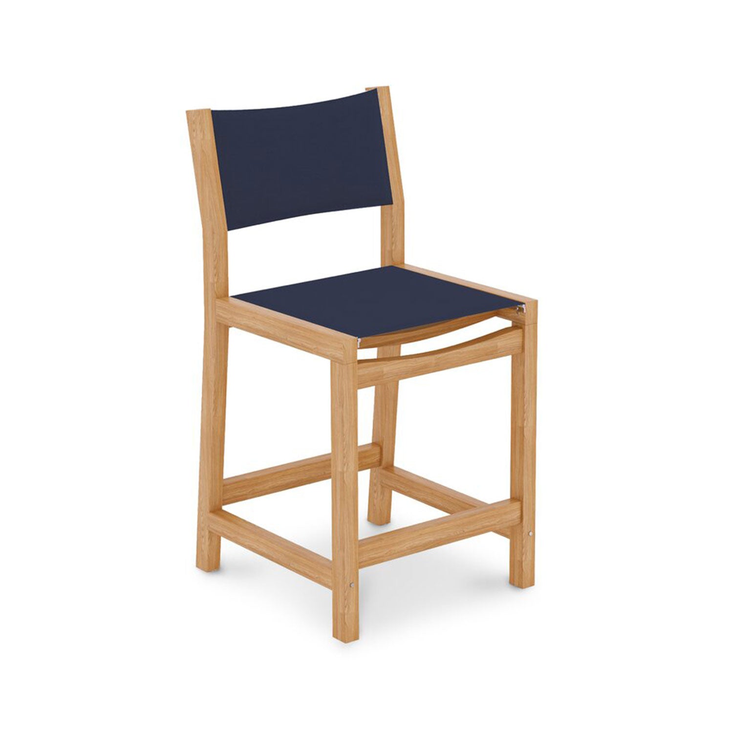 Armless outdoor bar stool with solid teak frame and dark navy fabric seat and backrest, featuring square legs and an integrated footrest.