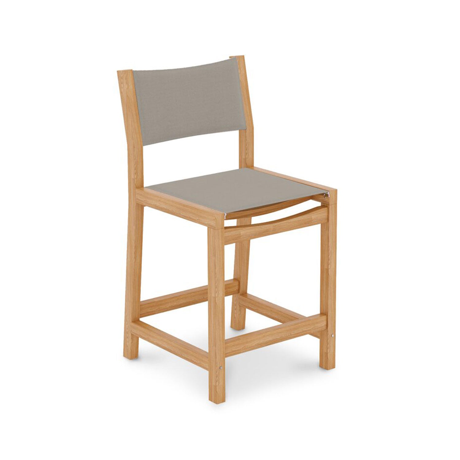 Armless outdoor bar stool in natural teak with a neutral gray fabric seat and back, minimalist coastal-contemporary design on a square solid-wood frame with integrated footrest.