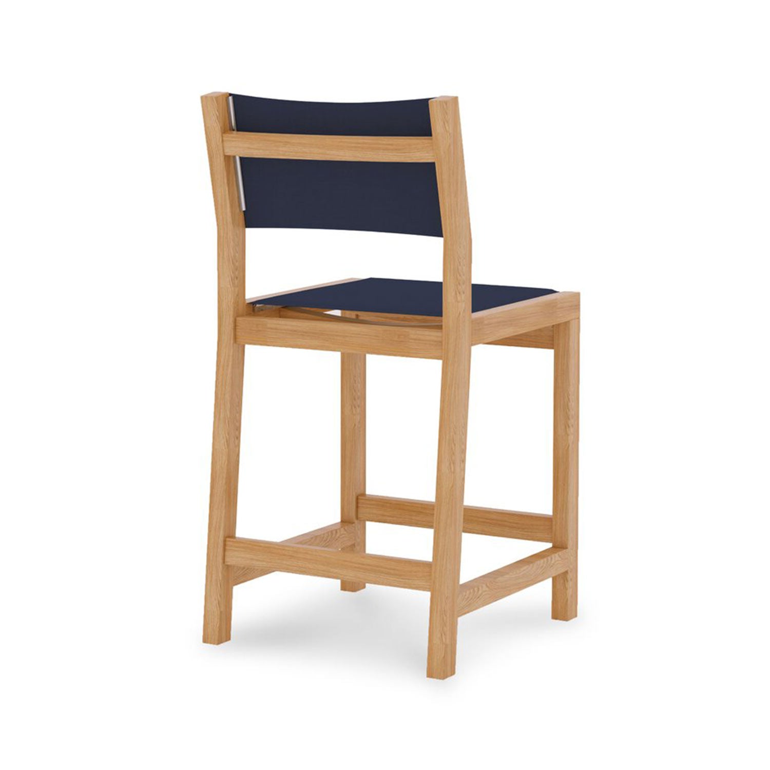 Rear three-quarter view of an armless outdoor bar stool with a natural teak solid wood frame and black fabric seat and back in a modern coastal style.