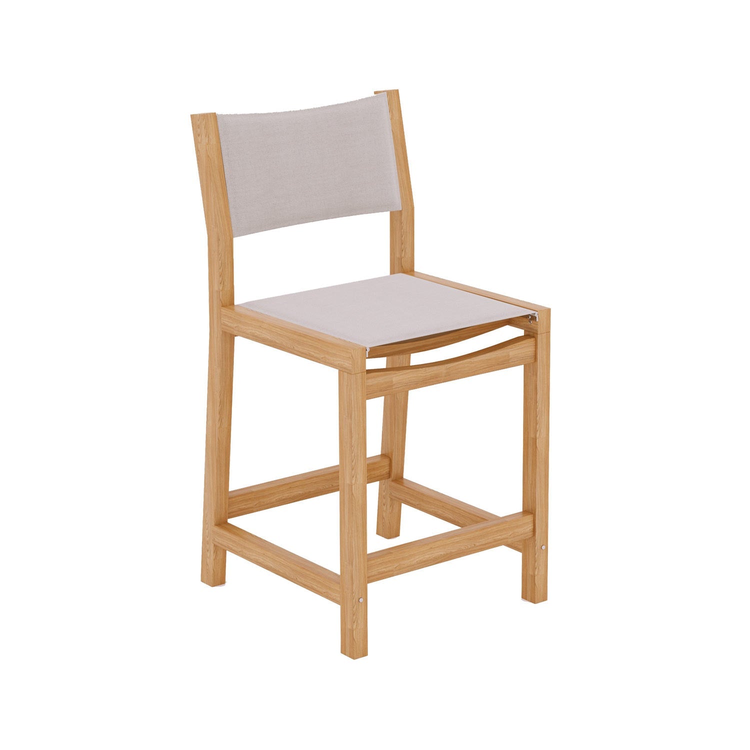 Armless outdoor bar stool with a solid teak wood frame and light beige fabric seat and backrest, square legs and integrated footrest for a modern coastal look.