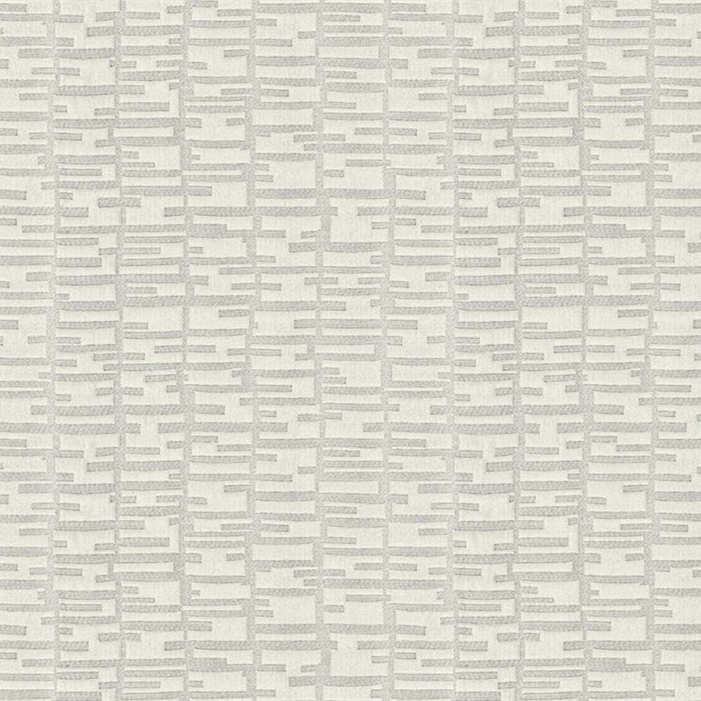 Close-up of contemporary 100% polyester upholstery fabric in light gray on a neutral off-white background, showing a subtle stacked-bar geometric pattern and textured weave ideal for sofas and curtains.