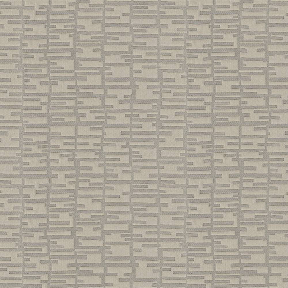 Close-up of 100% polyester contemporary upholstery fabric in neutral gray, featuring a textured linear grid of short rectangular stripes on a light gray-beige ground, suitable for sofas and curtains.