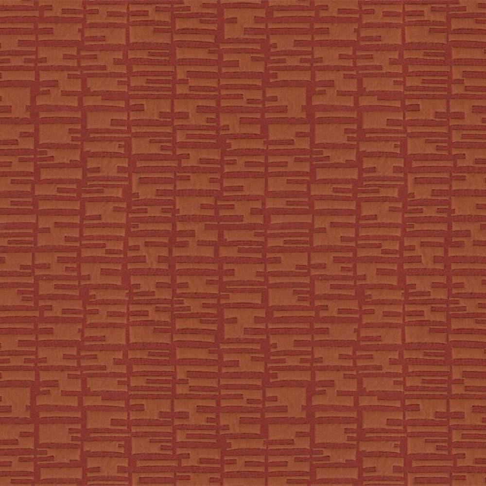 Close-up of contemporary 100% polyester upholstery fabric in a rust terracotta color, showing a textured geometric grid of uneven horizontal strokes ideal for sofas and curtains.
