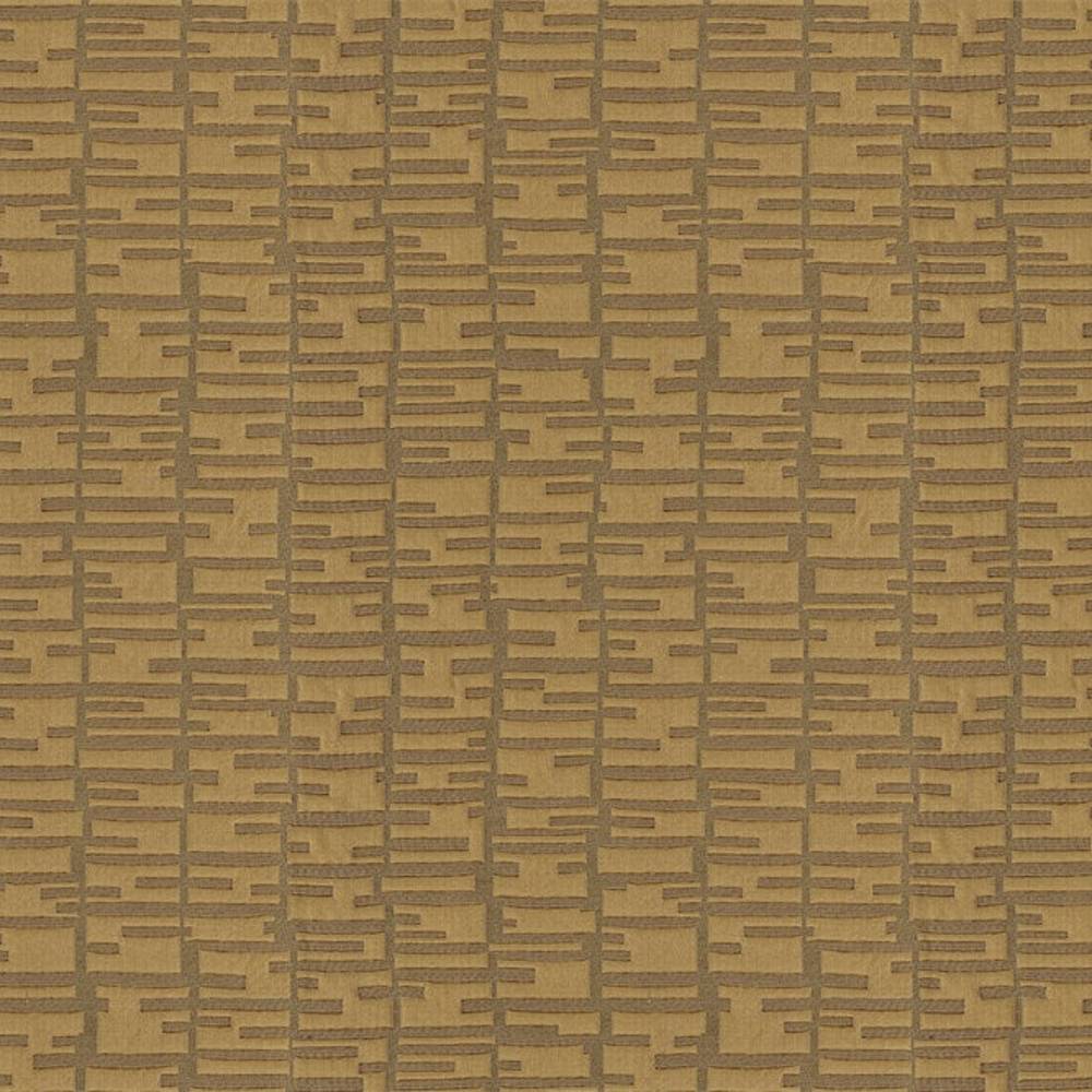 Close-up of 100% polyester upholstery fabric in warm golden-brown and taupe showing a contemporary raised rectangular grid pattern and textured weave, suitable for sofas or curtains.
