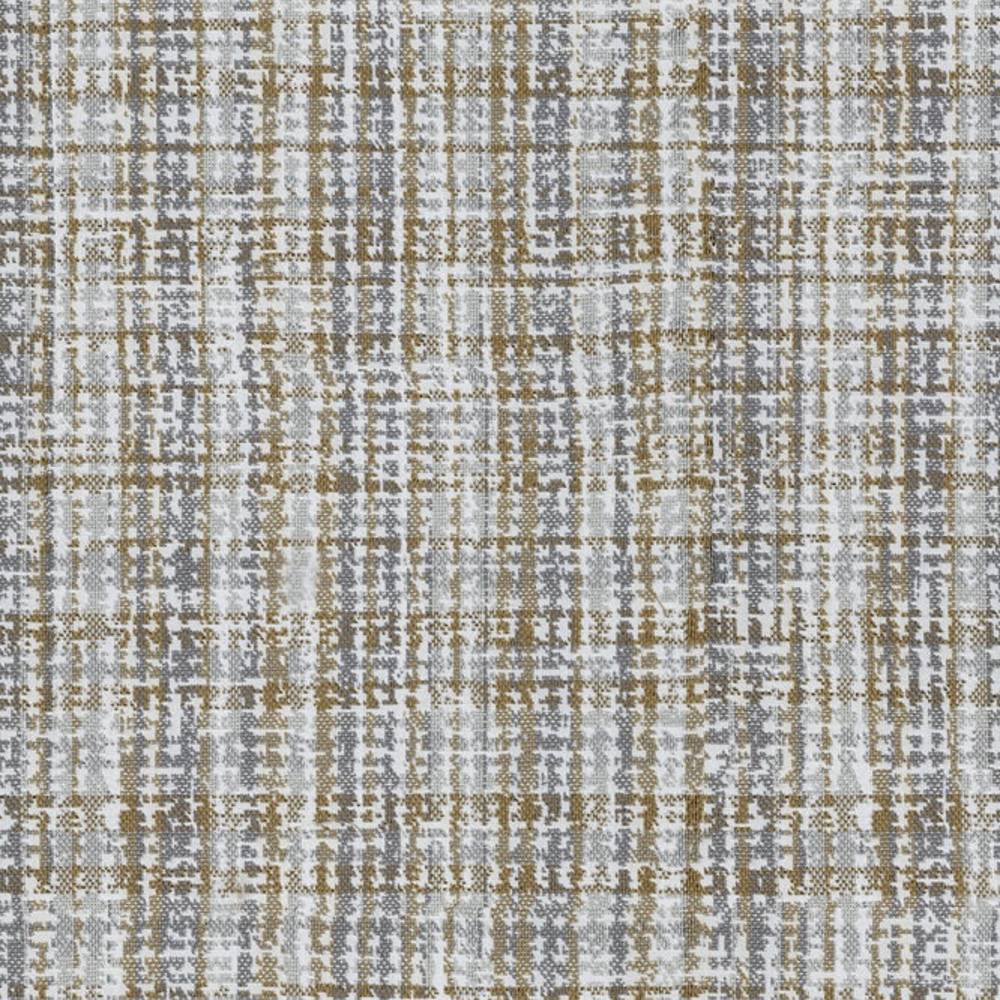 Close-up of beige and gray woven upholstery fabric showing a textured, abstract plaid grid pattern on 100% polyester, designed for contemporary sofa and indoor upholstery use.