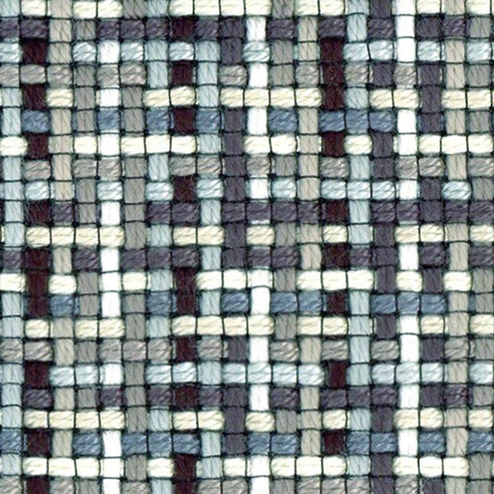 Close-up of a woven upholstery fabric showing a contemporary neutral grid pattern of gray, blue-gray and ivory squares with textured yarns; 95% acrylic, 5% polyester, intended for sofa upholstery.