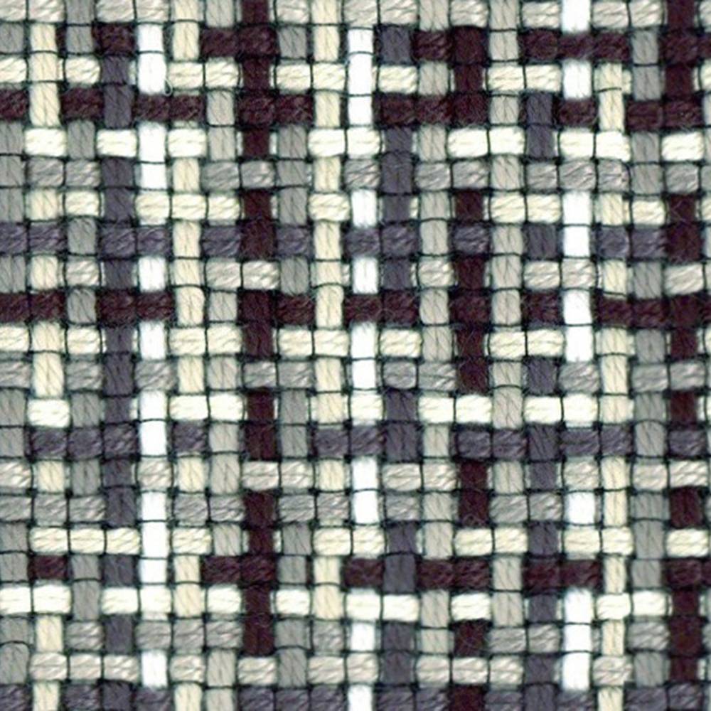 Close-up of neutral woven upholstery fabric in cream, gray and charcoal, showing a small-scale basket-weave texture with visible yarns; 95% acrylic and 5% polyester, suitable for contemporary sofa upholstery.