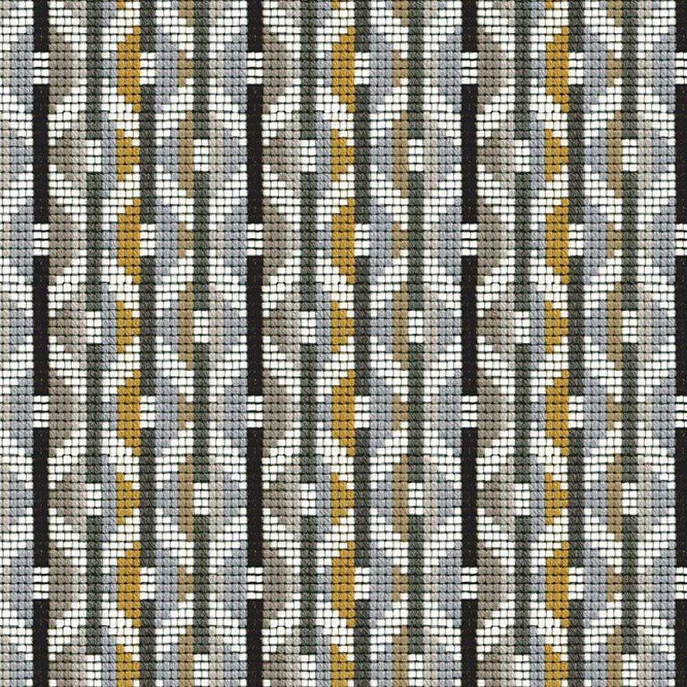 Close-up of contemporary, modern upholstery fabric for sofas in beige, gray, white, black and mustard gold, showing a woven geometric vertical-stripe pattern; 95% acrylic, 5% polyester construction.