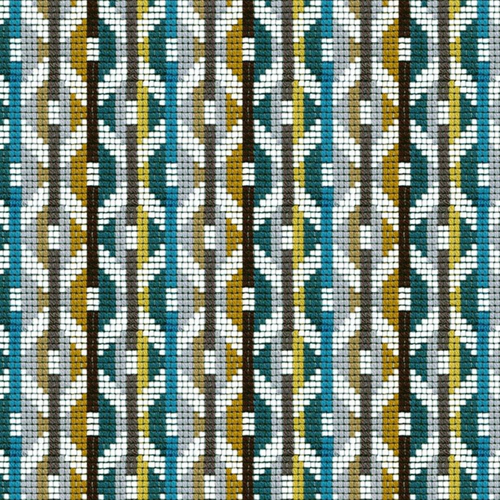 Close-up of woven upholstery fabric featuring repeating geometric vertical stripes in teal, mustard, gray, white and brown; 95% acrylic, 5% polyester fabric suitable for contemporary sofas.