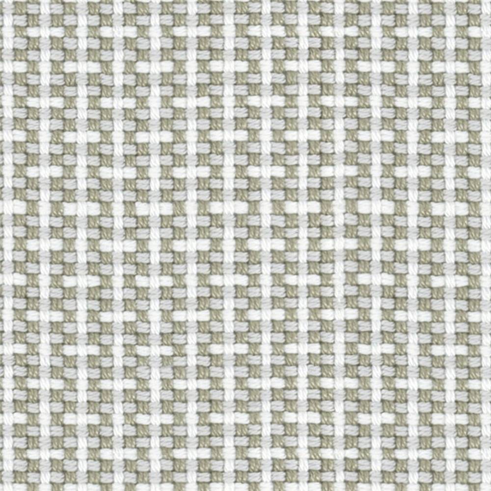 Close-up of beige and white woven 100% acrylic upholstery fabric showing a small checked grid texture, a neutral contemporary swatch for sofa and indoor upholstery.