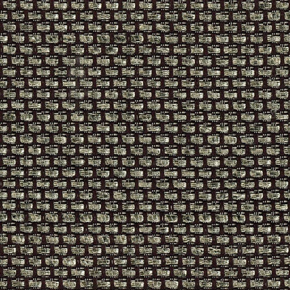 Close-up of a 100% polyester woven upholstery fabric sample in beige and dark brown, showing a tight basketweave texture of rectangular beige slubs on a brown ground, ideal for sofas and indoor upholstery.